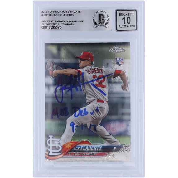 Jack Flaherty St. Louis Cardinals Autographed 2018 Topps Chrome Update #HMT18 Beckett Fanatics Witnessed Authenticated 10 Rookie Card with "MLB Debut 9-1-17 Inscription - Fanatics Authentic Certified