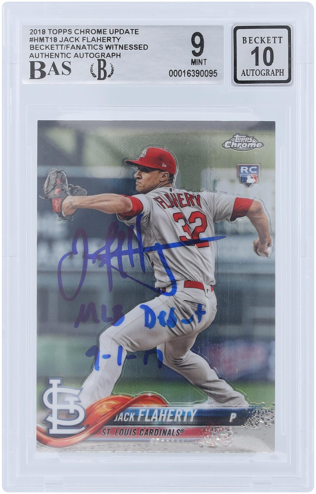 Jack Flaherty St. Louis Cardinals Autographed 2018 Topps Chrome Update #HMT18 Beckett Fanatics Witnessed Authenticated 9/10 Rookie Card with "MLB Debut 9-1-17" Inscription - Fanatics Authentic