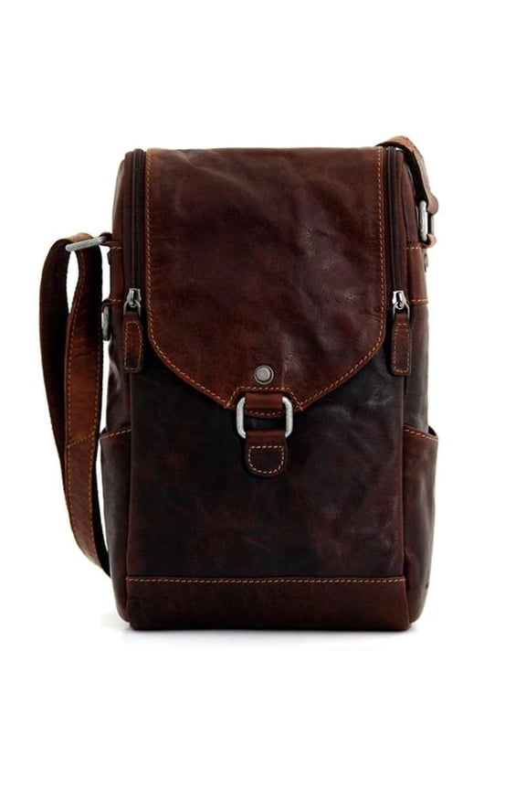 Voyager Hand-Stained Buffalo Leather Crossbody Messenger and Wine Bag #7513 (Brown)