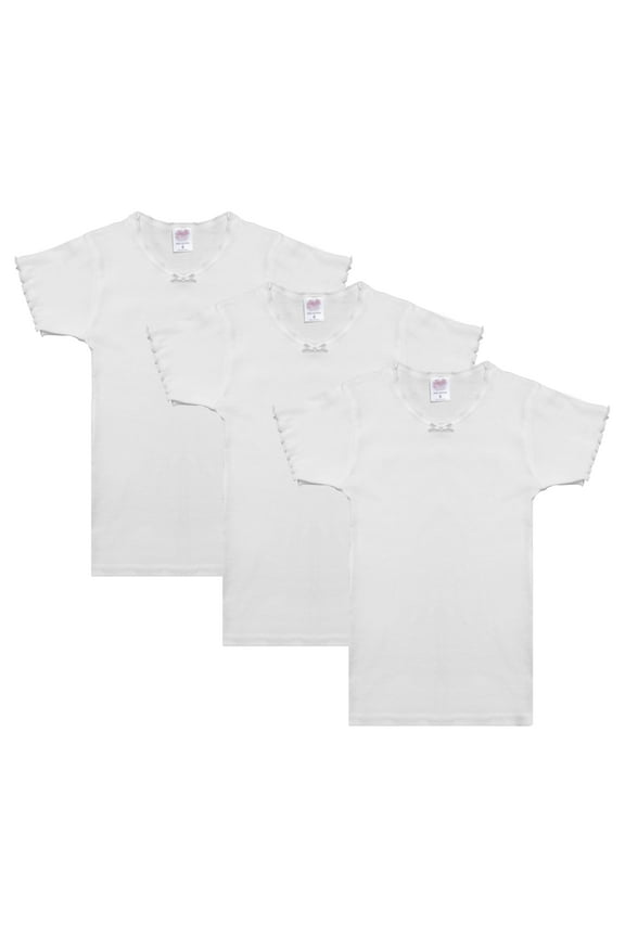 Jack & Jill Girls Undershirts with Ribbon Crewneck Short Sleeve Cotton T-Shirt, Youth (Size 6) White