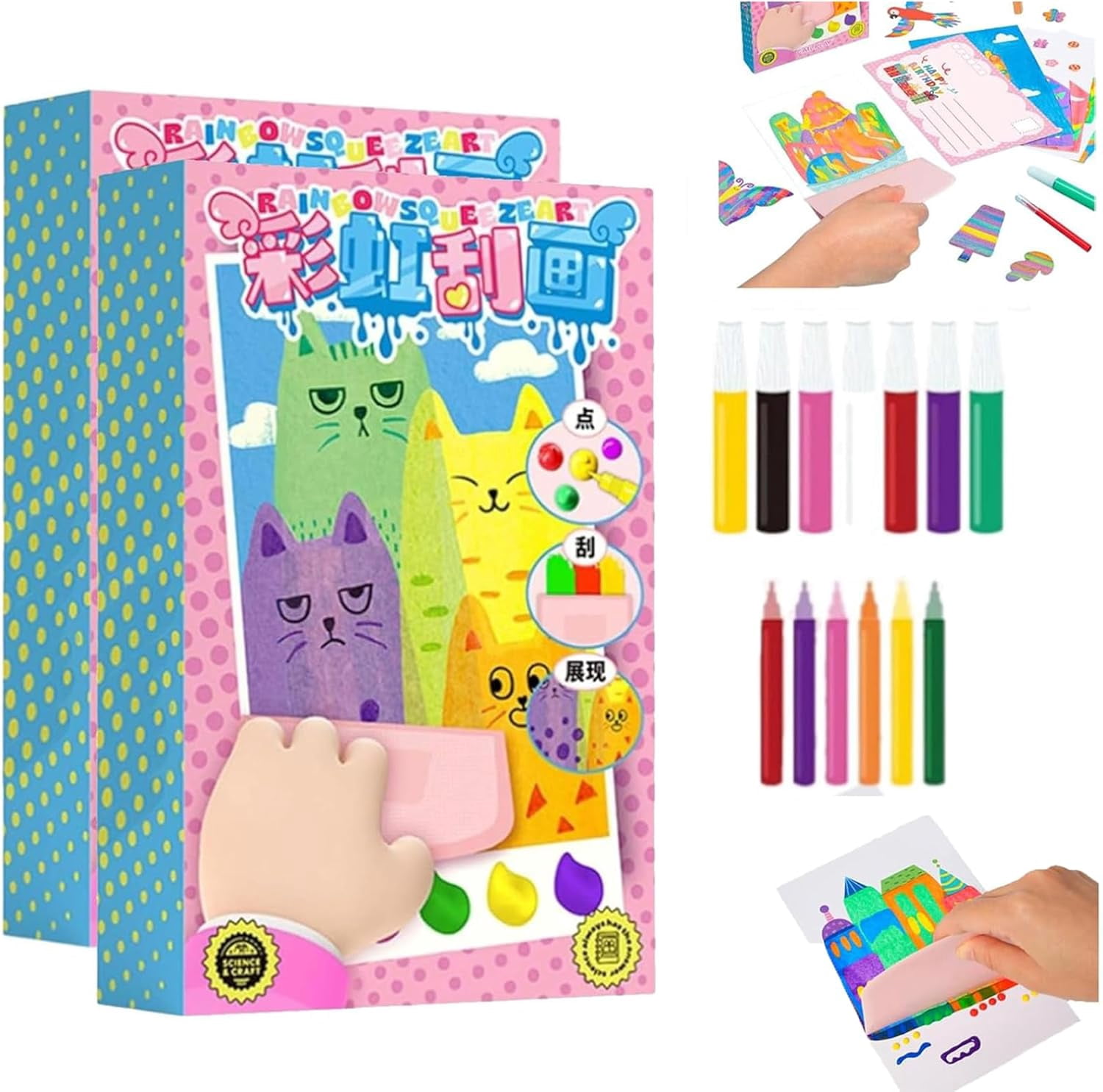 Squeegee Art Kids Paint Kit (One Set-35 Pieces), DIY Rainbow Scratch Art, DIY Christmas Rainbow Scratch Painting, Dot Painting Art Kits for Kids