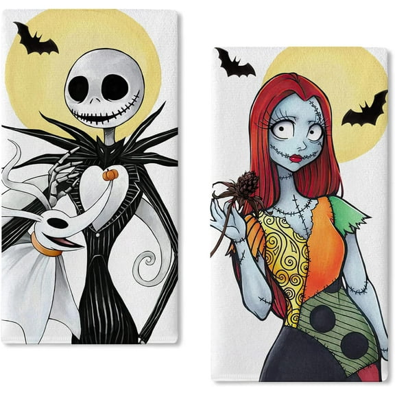 Jack Kitchen Dish Towel 2-Piece Set, Ghost Sally Hand Towel for Drying, Baking, and Cooking, Halloween Christmas Gift, Funny Ghost Skull Moon Bat Home Kitchen Decoration 45.72 x 66.04cm