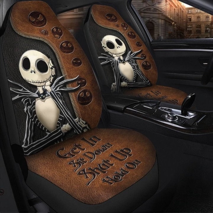 Jack Leather Skelling Get In Sit Down Shut Up Hold On Car Seat Covers Set 2Pc With Foaming Lining, Halloween Decorative Automotive Car Decor. Horror Movies Halloween Car Decor