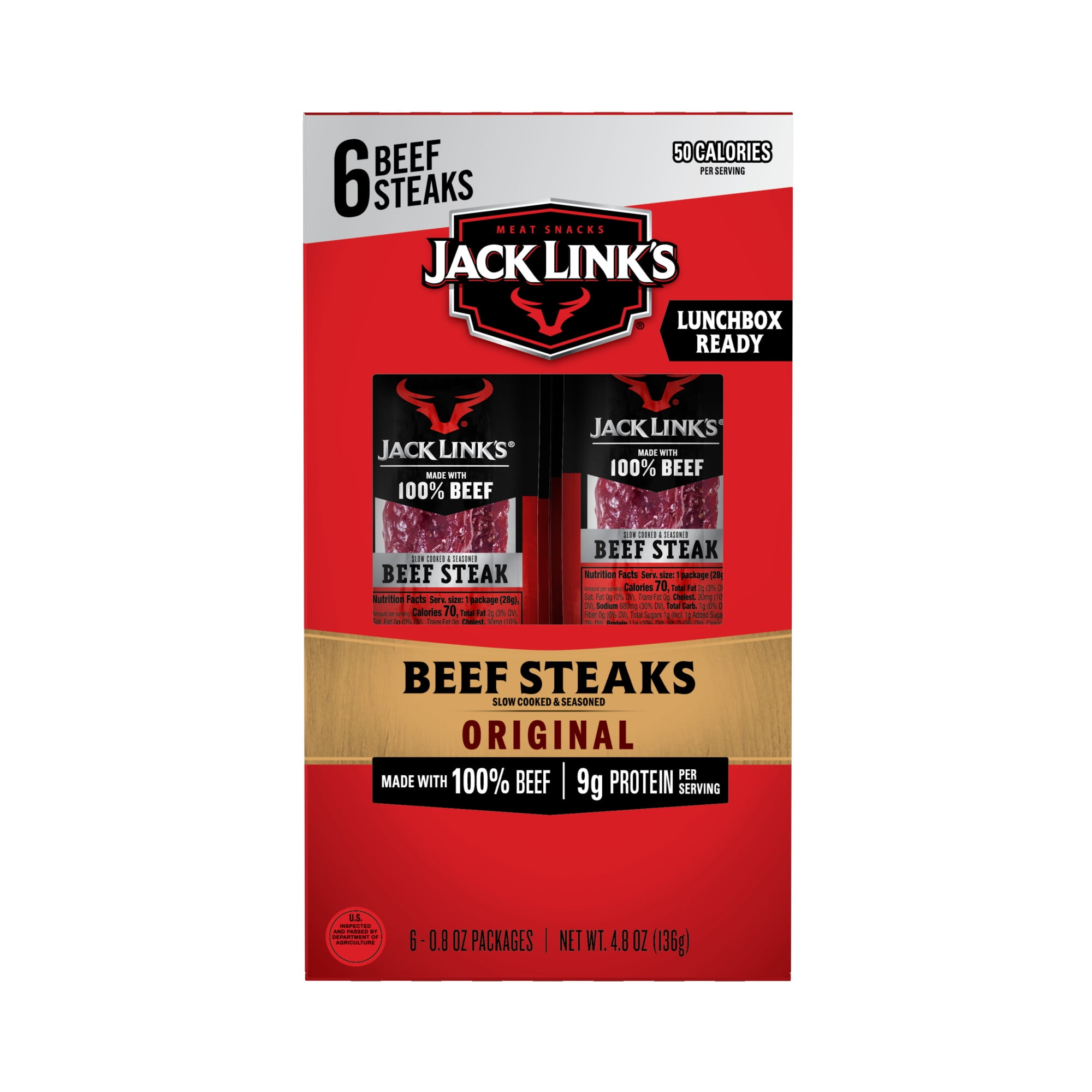 Jack Link's 100 Beef Original Beef Steaks 4.8 oz 6 Count Multipack