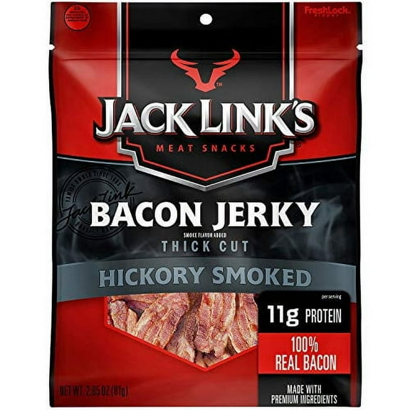 Jack Link's Bacon Jerky, Hickory Smoked, 2.5 oz. Bag - Flavorful Ready to Eat Meat Snack with 11g of Protein, (Pack of 8)