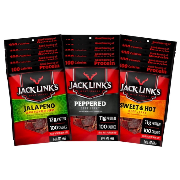 Jack Link’s Beef Jerky Bold Variety Pack – Includes Sweet & Hot, Jalapeno and Peppered Beef Jerky, Great for Lunch Boxes, Good Source of Protein – Pack of 15, 1.25 Oz Bags - 94% Fat Free, No Added MSG