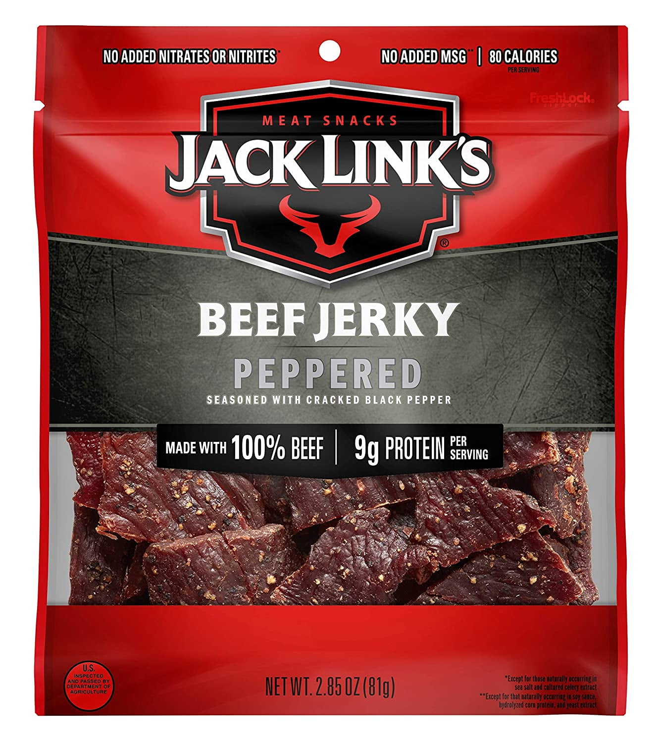 Jack Link's Beef Jerky, Peppered Flavor, Flavorful Meat Snack, 9g of Protein and 80 Calories, Made with Premium Beef - 95 Percent Fat Free, No Added MSG** or Nitrates/Nitrites -2.85 oz (Case of 8)