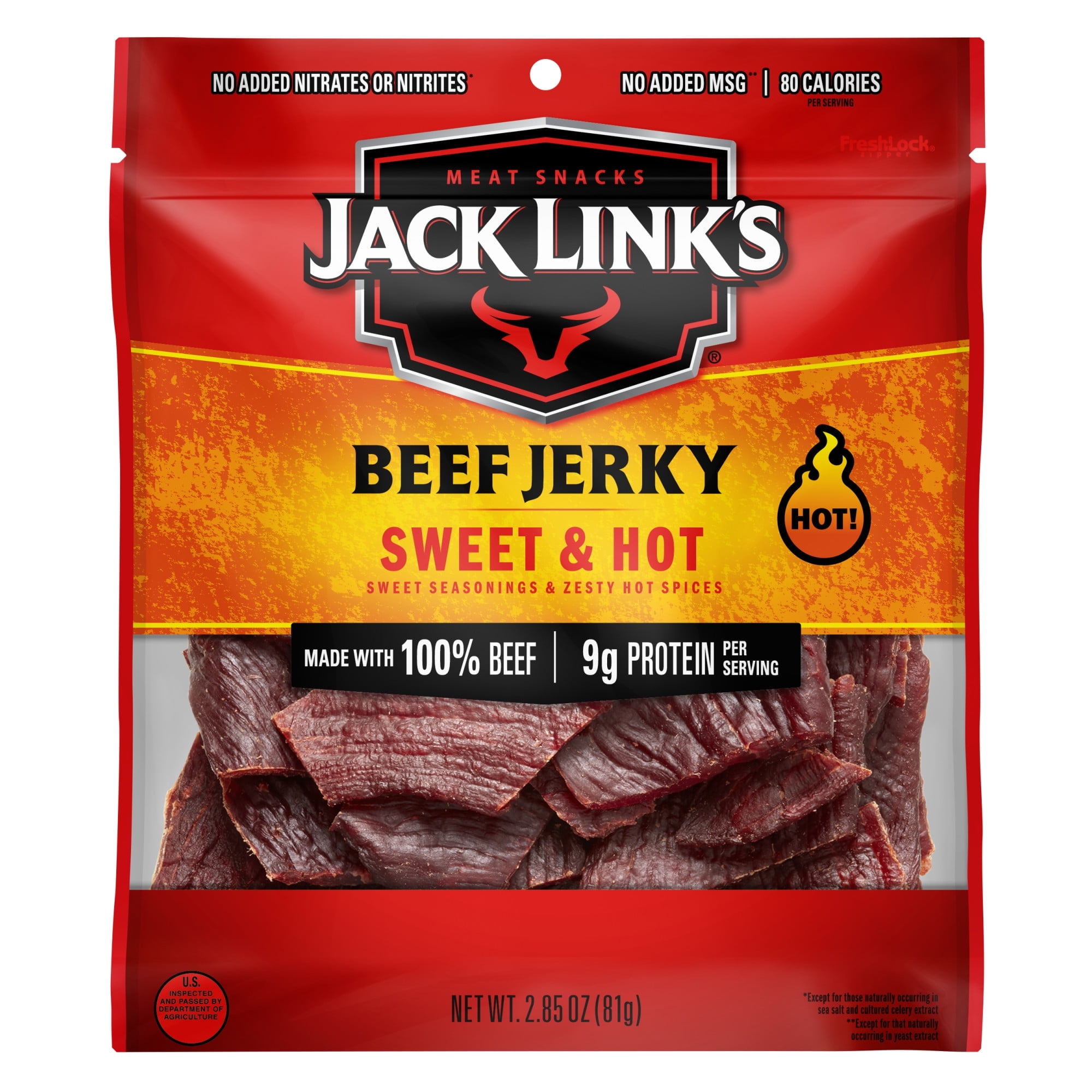 Jack Link’s Beef Jerky, Sweet & Hot, 100% Beef, 9g of Protein per Serving, 2.85 oz Bag (Pack of 4)