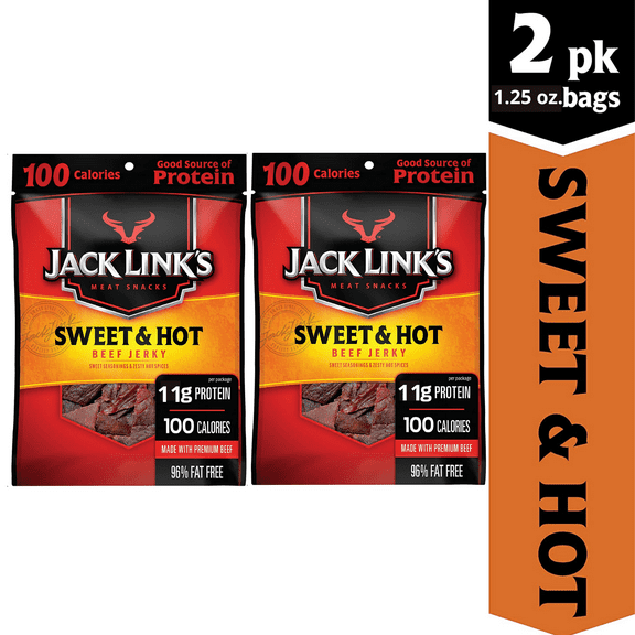 Jack Links Beef Jerky Sweet and Hot Flavorful Meat Snack for Lunches, Ready to Eat ,11g of Protein, Made with 100% Premium Beef, No Added MSG or Nitrates, 1.25 Oz. Each, 2 Bags
