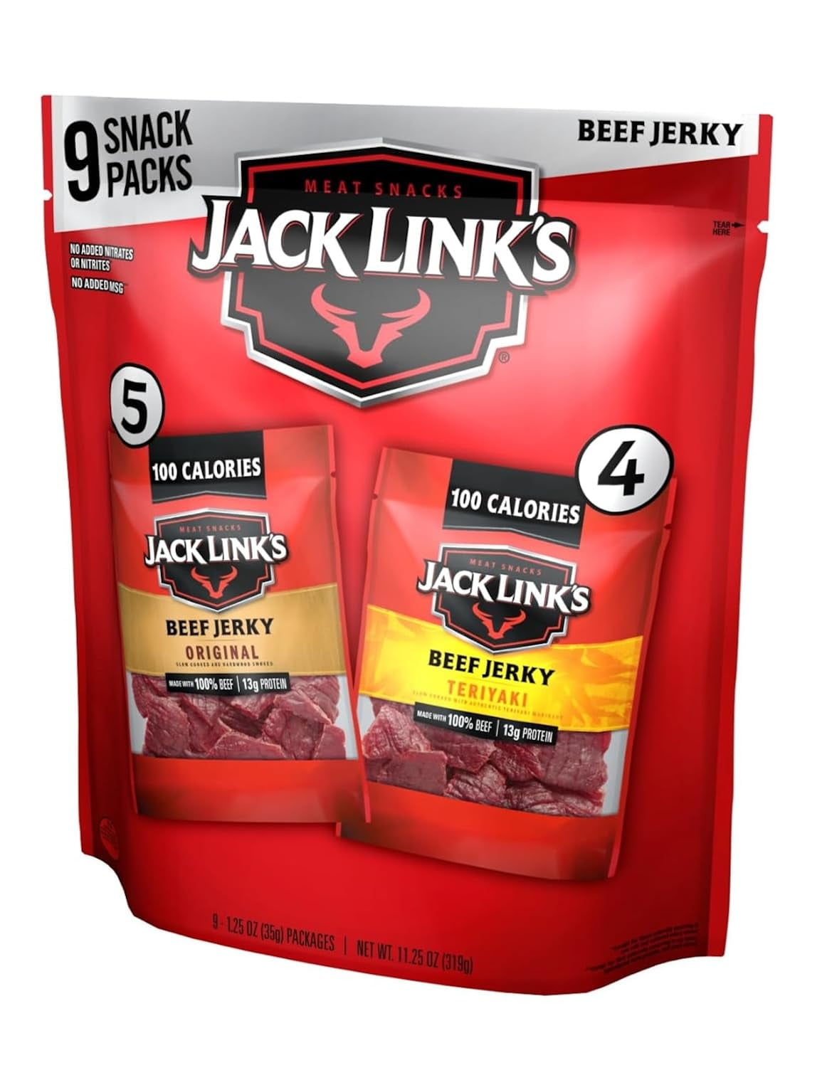 Jack Link's Beef Jerky DHF10&nbsp;Variety - Includes Original and Teriyaki Flavors, On the Go Snacks, 13g of Protein Per Serving, 9 Count of 1.25 Oz Bags (Pack of 1)