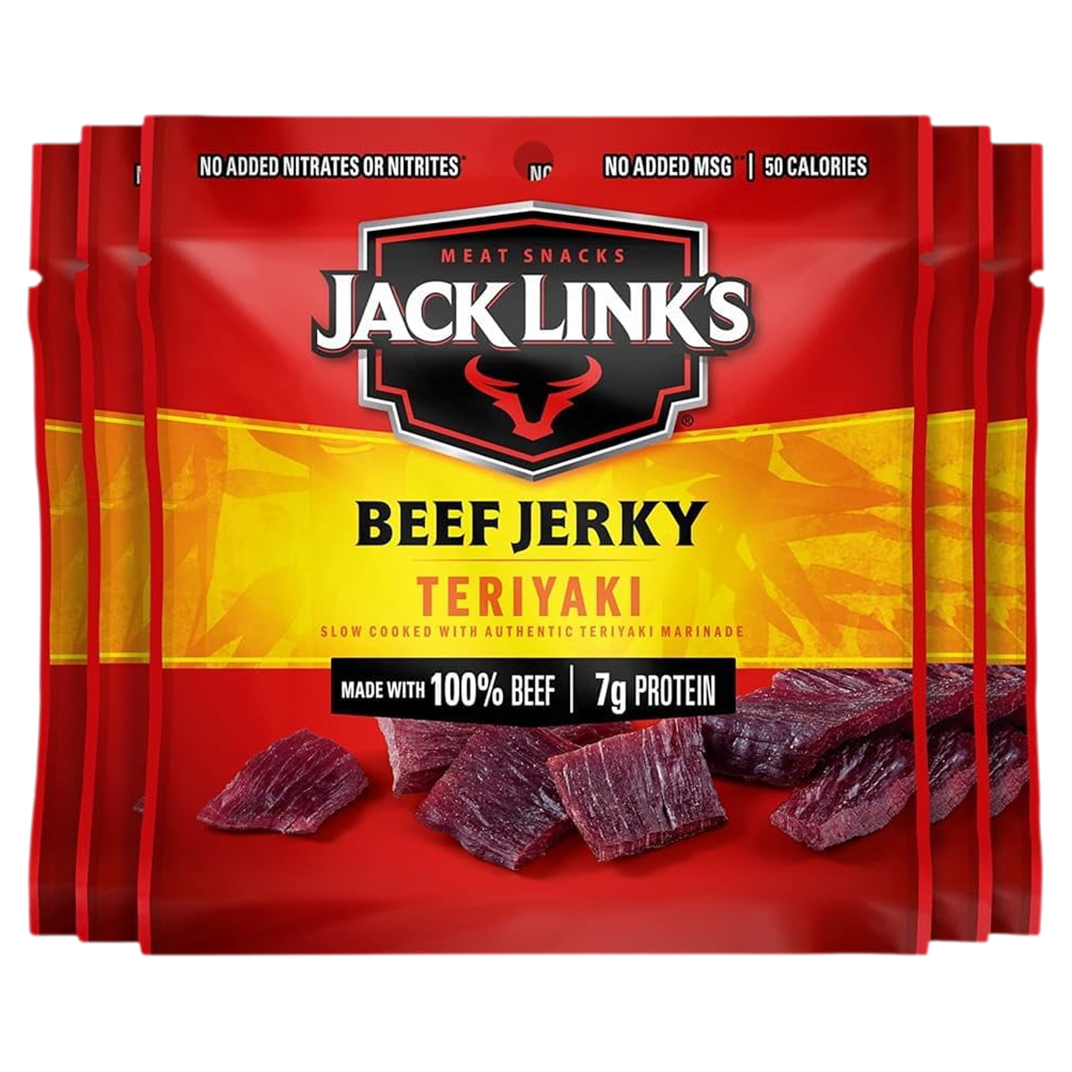 Jack Link's Beef Jerky, Teriyaki - Flavorful Meat Snack for Lunches, Ready to Eat Snacks - 7g of Protein, Made with Premium Beef - 0.625 Oz Bags (Pack of 5)