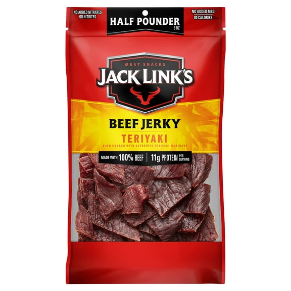 Jack Link's Beef Jerky, Teriyaki, Half Pounder Large Jerky Bag - Flavorful Meat Snack, Ready to Eat Protein Snacks with 11g of Protein per Serving, Made with 100% Beef