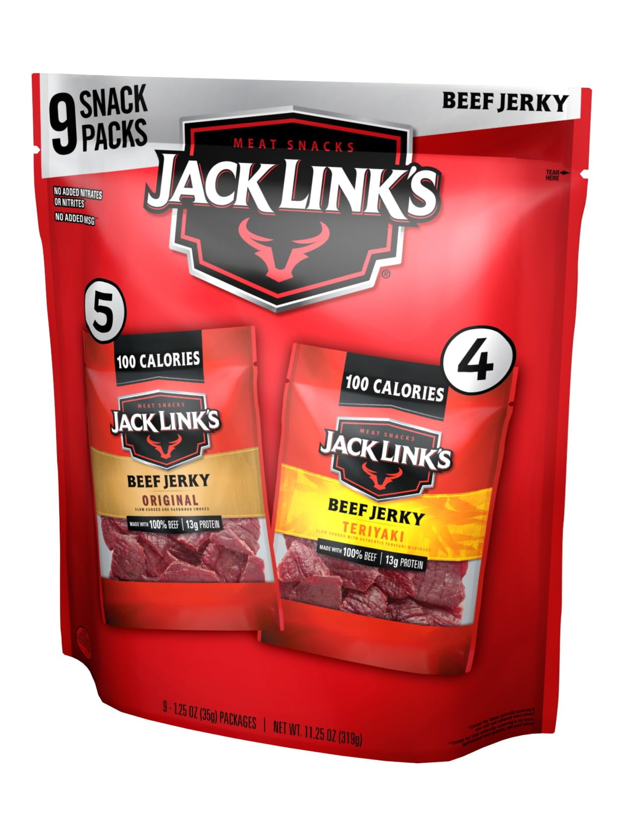 Jack Link's Beef Jerky Variety - Includes Original and Teriyaki Flavors, On the Go Snacks, 13g of Protein Per Serving, 9 Count of 1.25 Oz Bags (Pack of 1) YUN14 YUN14