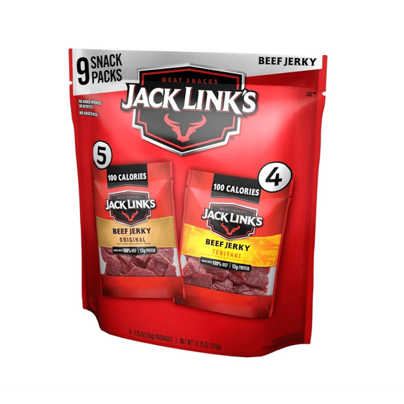 Jack Link's Beef Jerky Variety Pack Original and Teriyaki Ready to Eat Protein Snacks 13g Protein 100% Real Beef 9 Pack 1.25 Oz Bag
