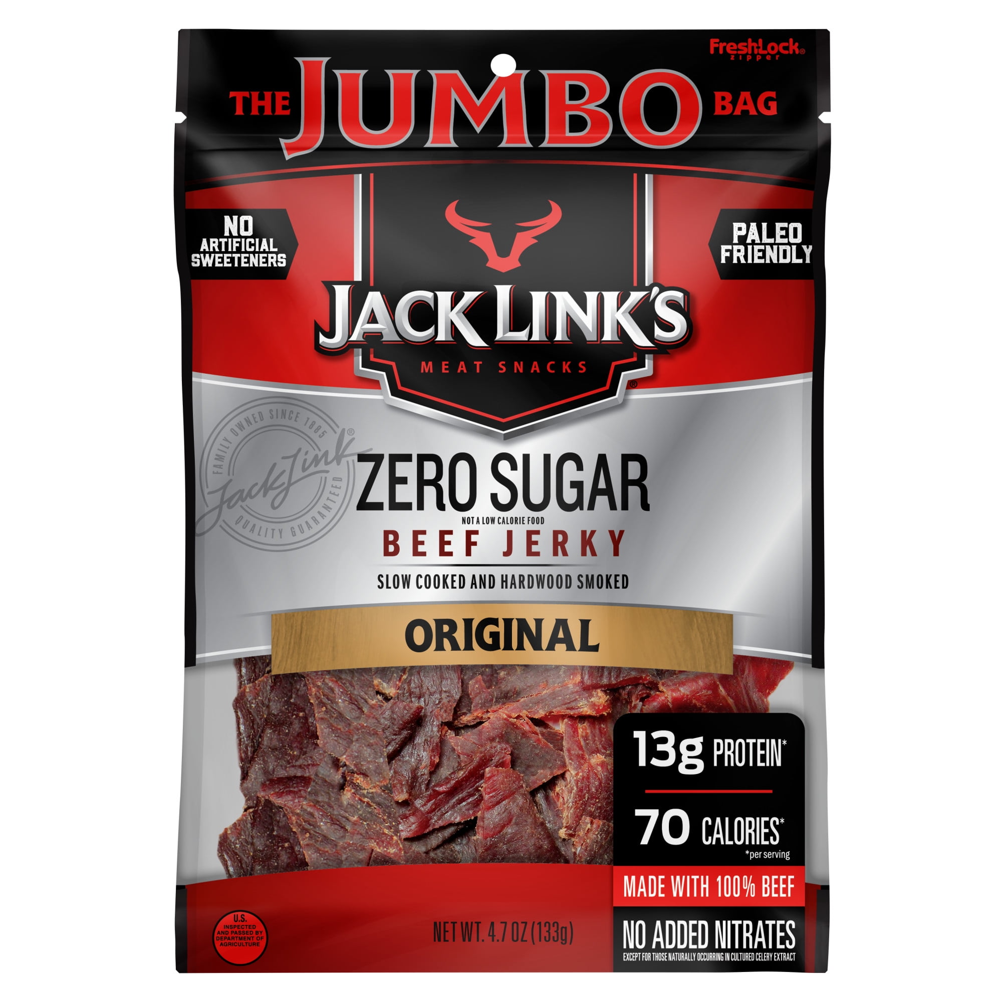 Jack Link’s Beef Jerky Zero Sugar, Original, 100 Beef, 13g Protein per Serving, 4.7 oz bag