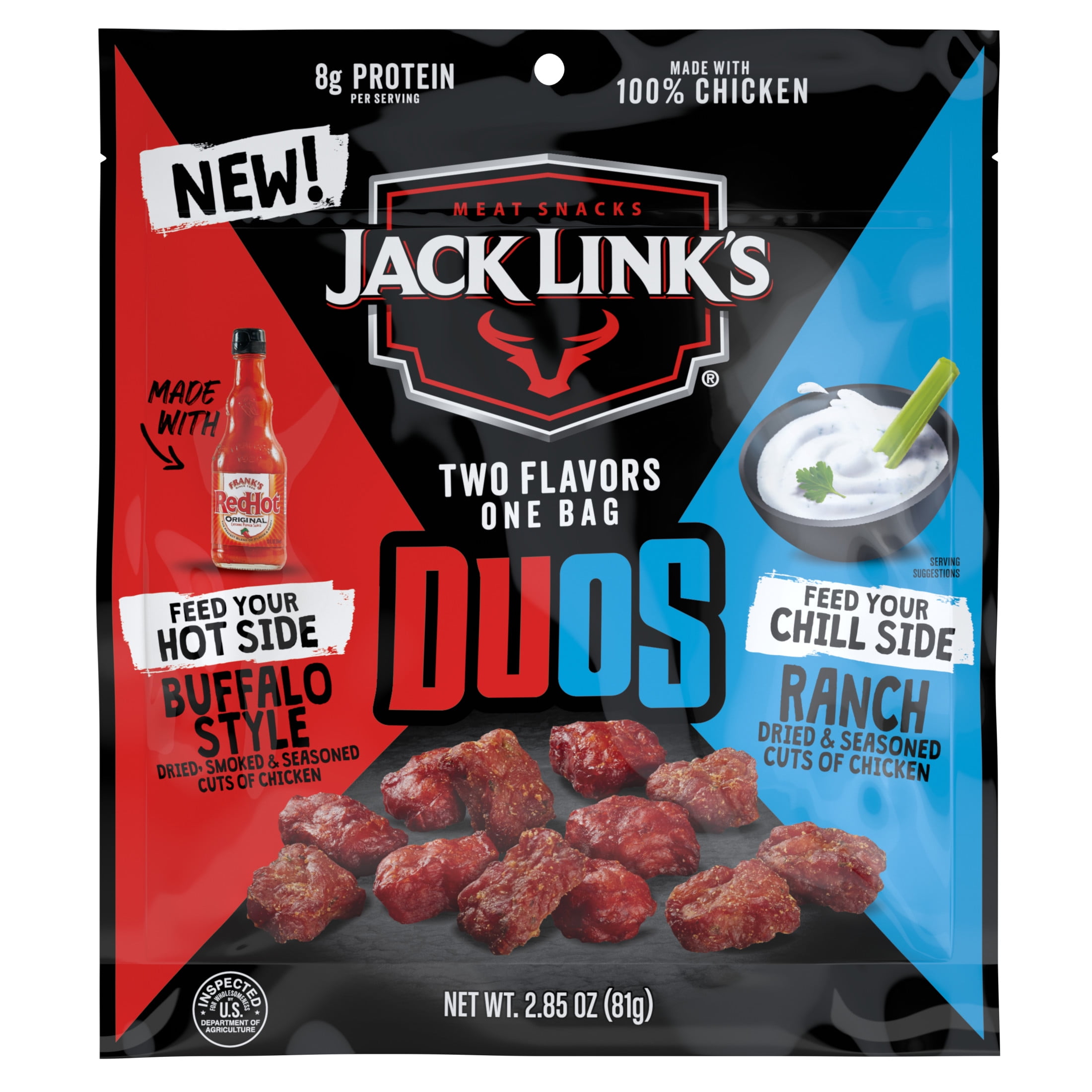 Jack Link's Chicken Bites DUOs  Frank's RedHot Buffalo Style & Ranch, 2.85oz, 8g of protein per serving, Resealable Bag
