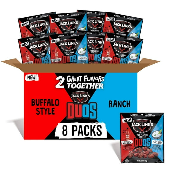 Jack Link's DUOs Frank's RedHot Buffalo Style With Creamy Ranch Flavor Chicken Bites, Under 100 Calories Snacks, 8g of Protein, Feed Your Beast Side With Individual Meat Snack Bags  3.25oz (8 Count)