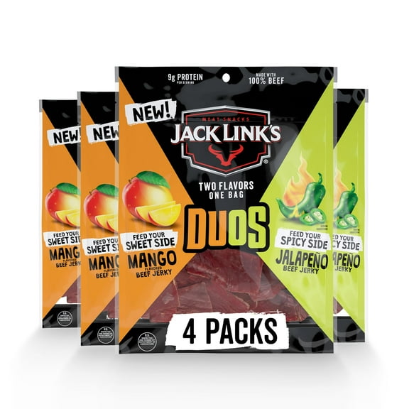 Jack Link's DUOs Jalapeo and Mango Beef MDH1Jerky, Shareable Under 100 Calories Snack Packs with 9g of Protein, Feed Your Beast Side With Individual Bags of Meat Snacks - 3.25oz (4 Count)