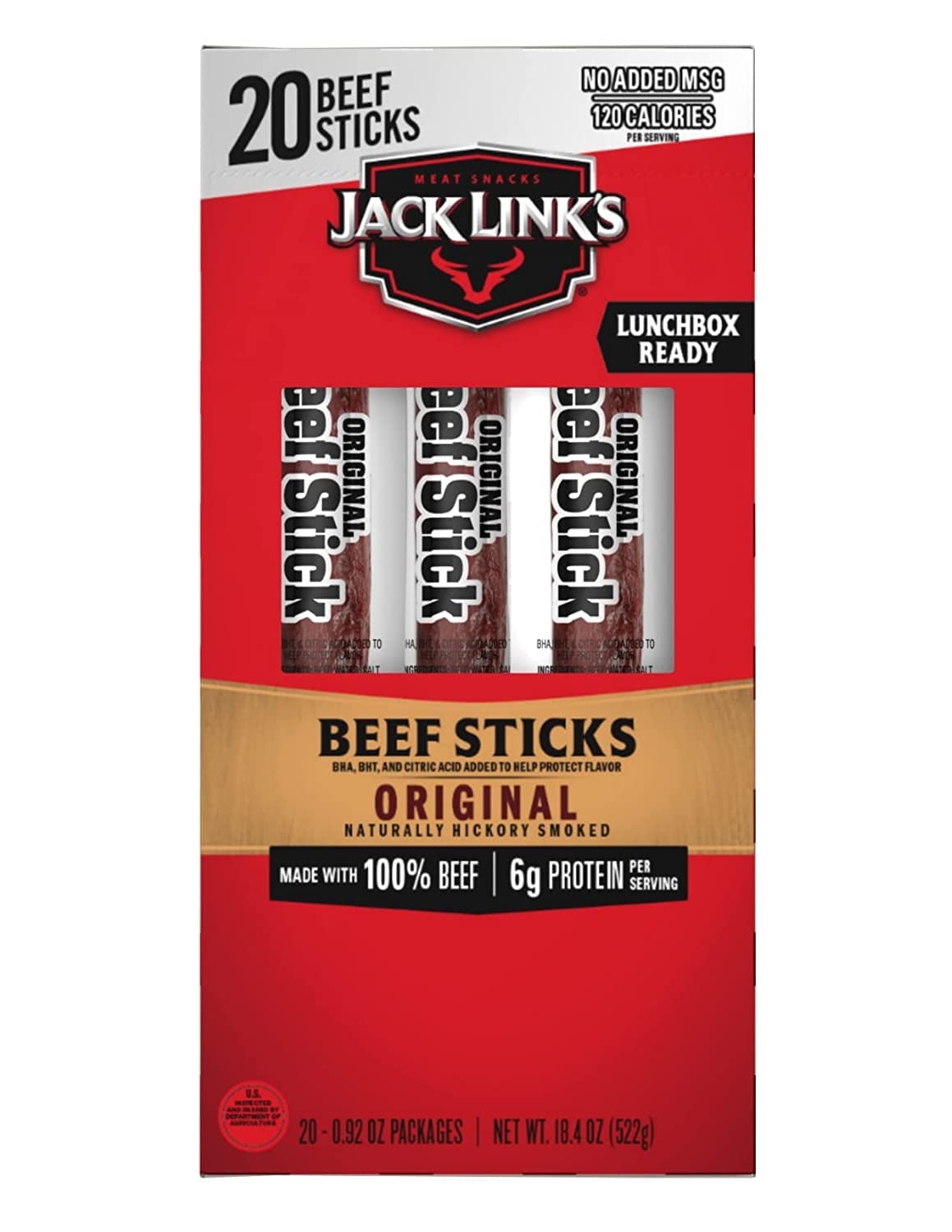 Jack Link's Beef Sticks, Original – Protein Snack, Meat Stick with 6g of Protein, Made with 100% Beef, No Added MSG** – 0.92 Oz. (20 Count)