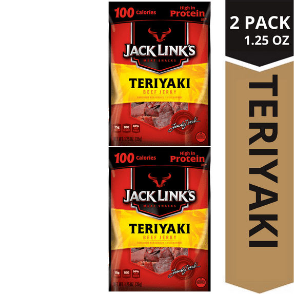 Jack Link's Teriyaki Beef Jerky Excellent Source of Protein, Made with 100% Premium Cuts of Beef, 1.25 oz.,(2 Pack)