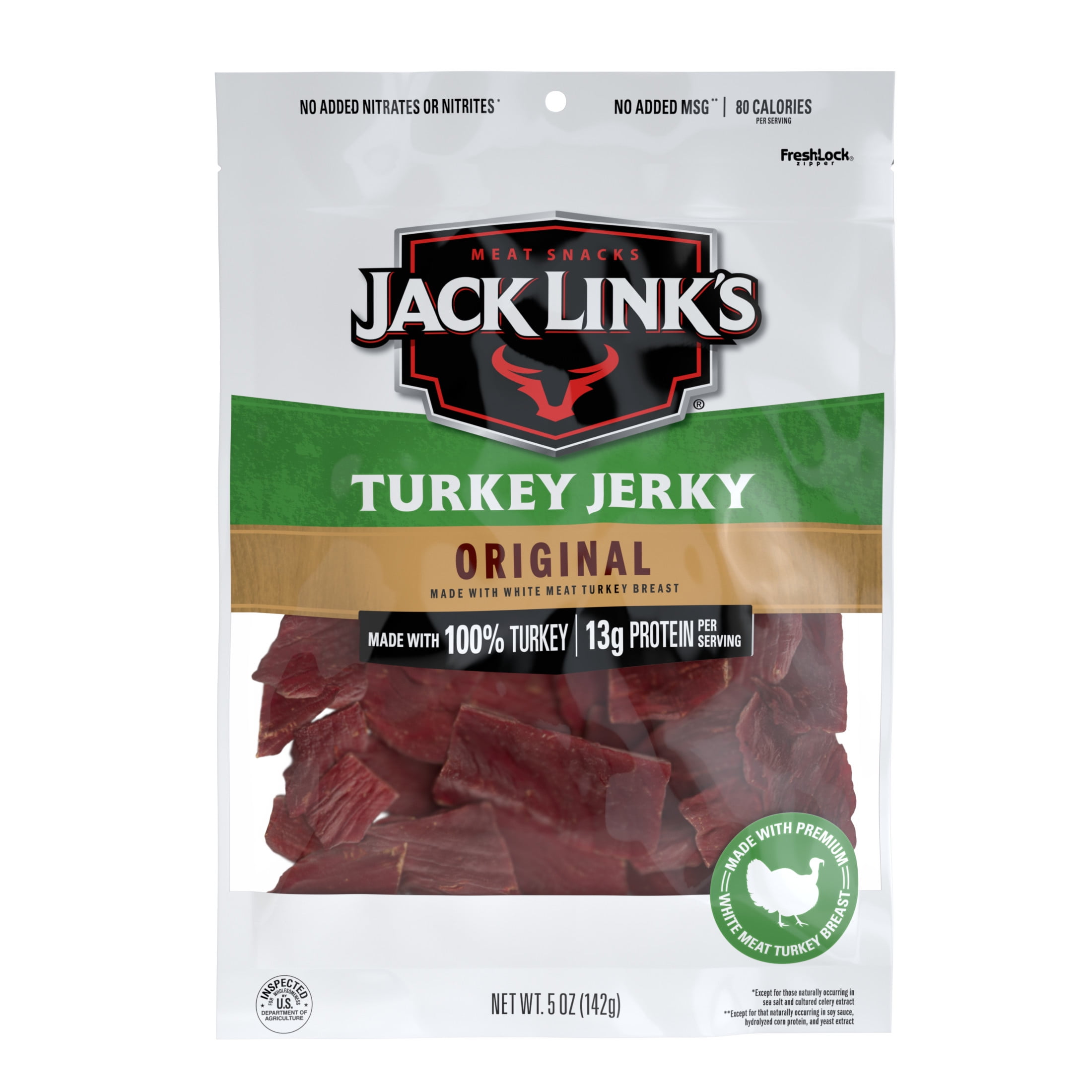 Jack Links Turkey Jerky, Original, Made with 100% Turkey, 13g of Protein per Serving, 5 oz, Resealable Bag