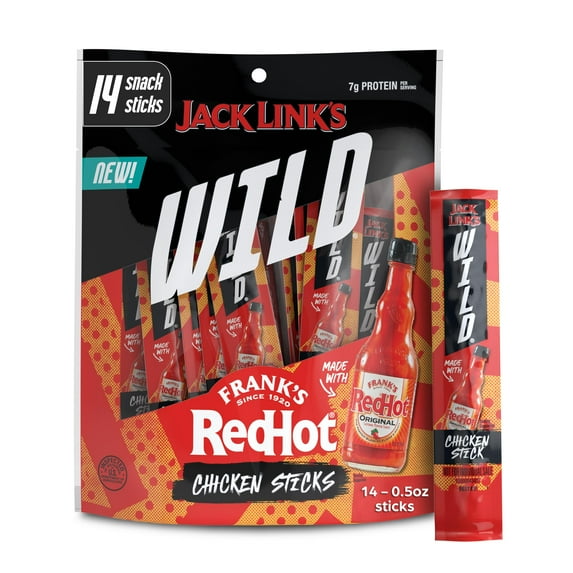 Jack Link's Wild Mini BCF26 Chicken Sticks Made RedHot Flavor - 7g of Protein Snacks, On The Go Snacking, Keto & Paleo Snack, Carnivore Diet Ready, Individually Wrapped - 0.5 Oz. (14 Count)