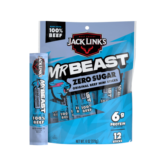 Jack Links x MrBeast Beef Sticks Zero Sugar Mini 6g Protein 100% Real Beef As Seen on Beast Games 12 Count