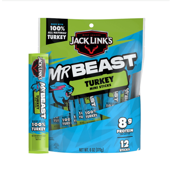 Jack Link's x MrBeast Turkey Mini Sticks, 8g Protein, Zero Sugar, 100% All Natural Turkey, As Seen on Beast Games, 12 Count