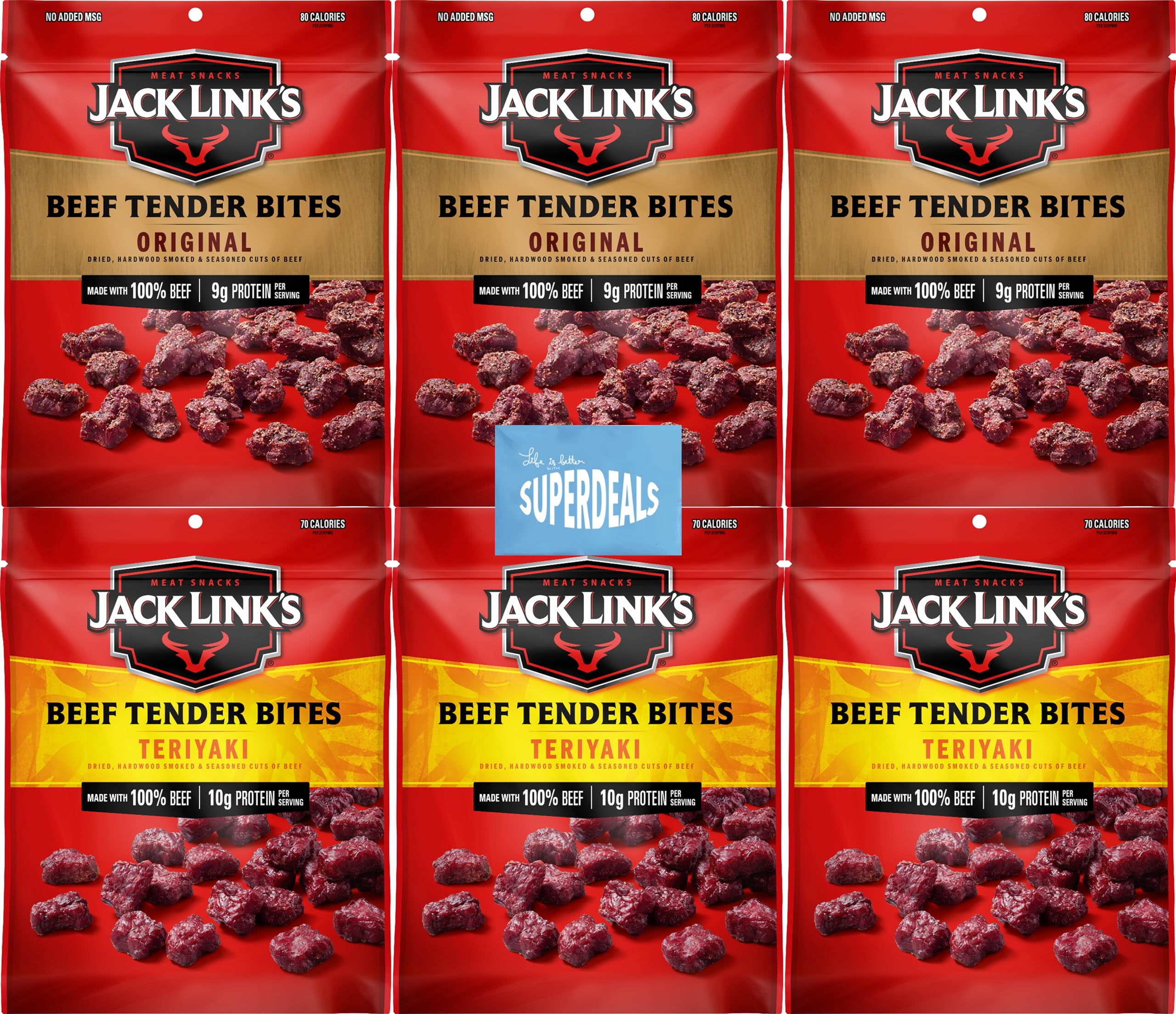 Jack Links Beef Tender Bites, Variety Pack 3 Original, 3 Teriyaki, 1 Oz (Pack of 6) Bundled by SUPERDEALS with Bonus Mystery Gift