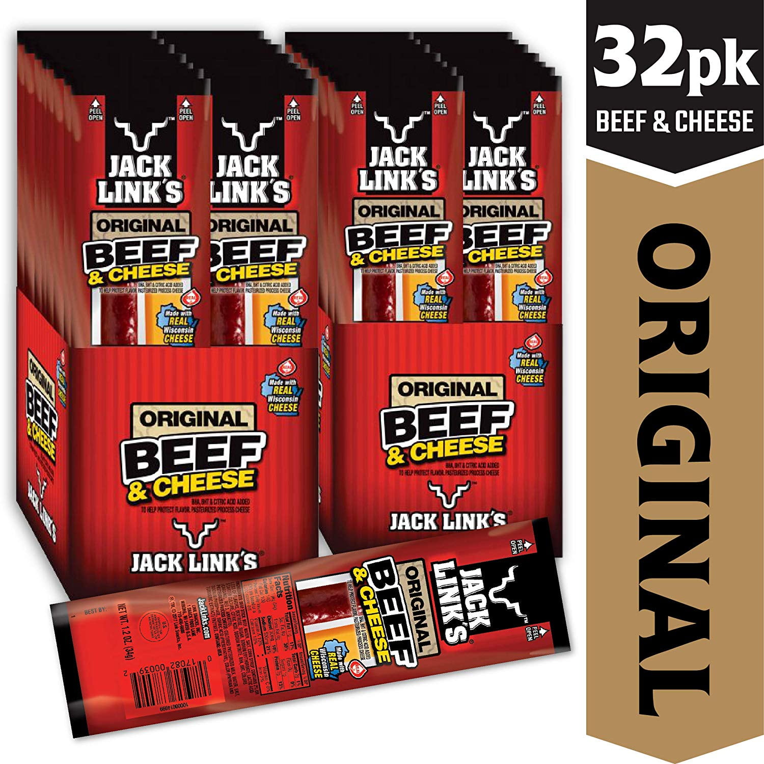 Jack Links Original Beef & Cheese Combo Pack, 1.2 oz,  Original 100% Beef Stick and Cheese Stick Made with Real Wisconsin Cheese - 7g Protein, Made with 100% Premium Beef - Pack of 2 (16 Each)