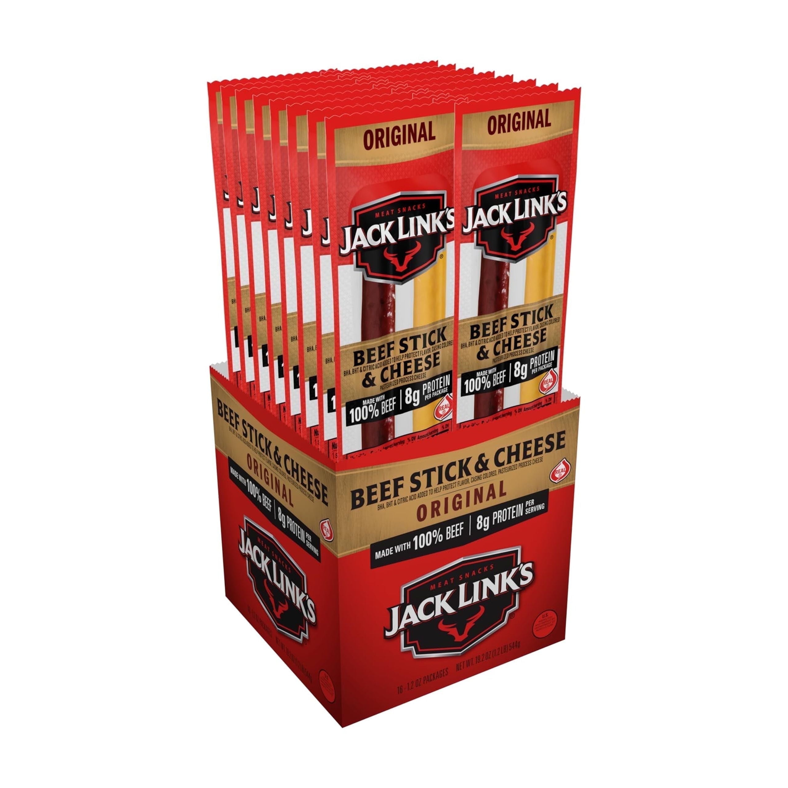 Jack Links Original Beef & Cheese Combo Snack Pack 100% Beef Stick And Cheese Stick Made With Real Wisconsin Cheese - 8G Protein And 140 Calories Per Serving, 1.2 Oz. (Pack Of 16)