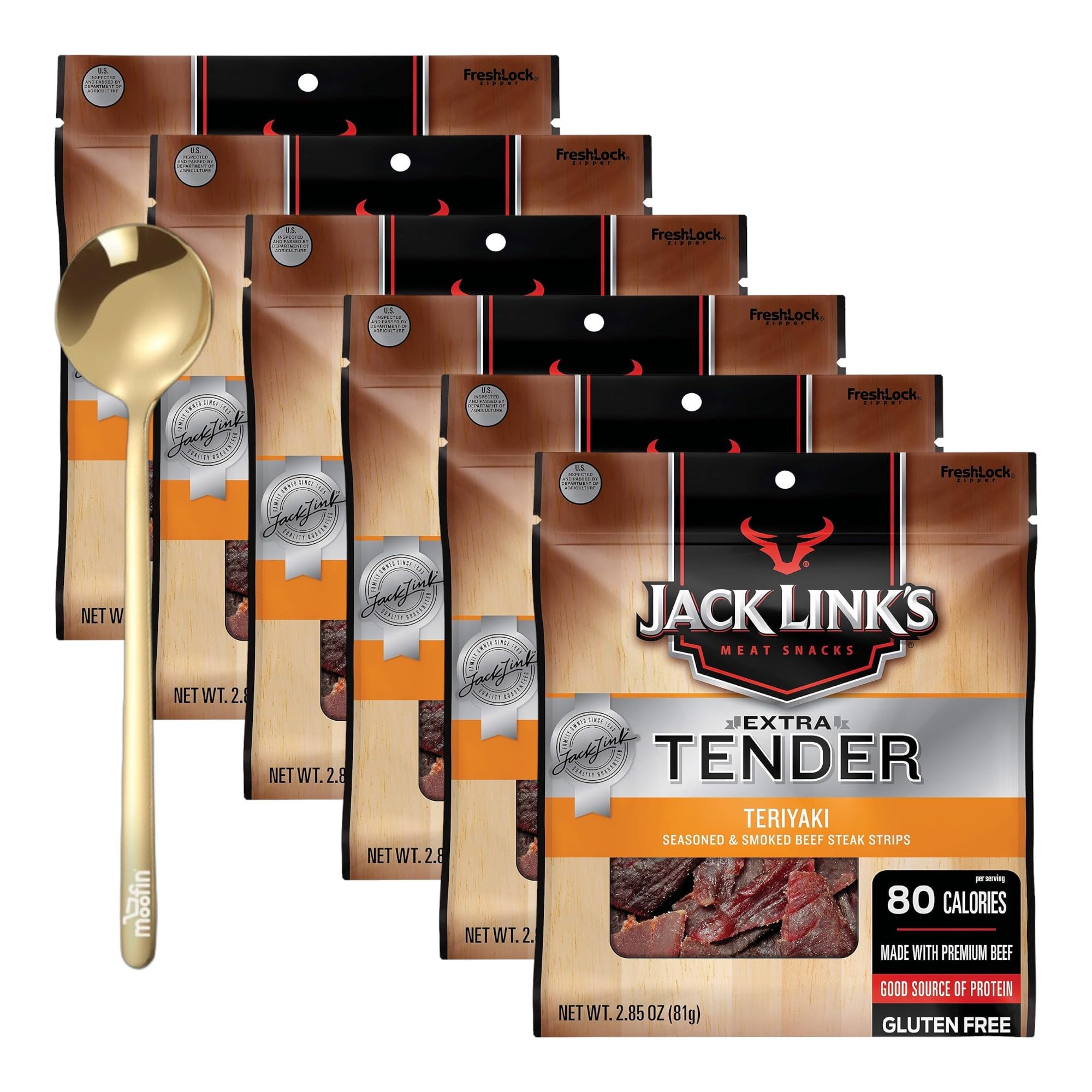 Jack Links Teriyaki Beef Jerky, 2.85oz Extra Tender Beef Strips, Bundle with Moofin Golden SS