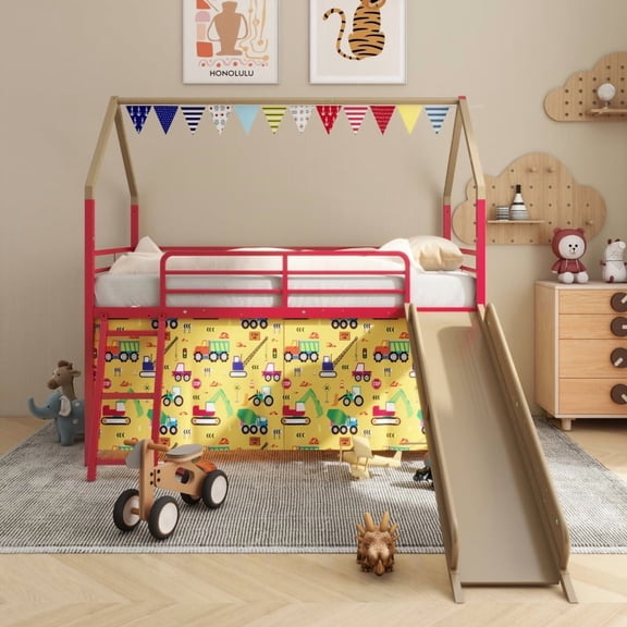 Jack Metal Junior House Twin Loft Bed with Slide and Curtain Set, Super Hero Color Gold and Red