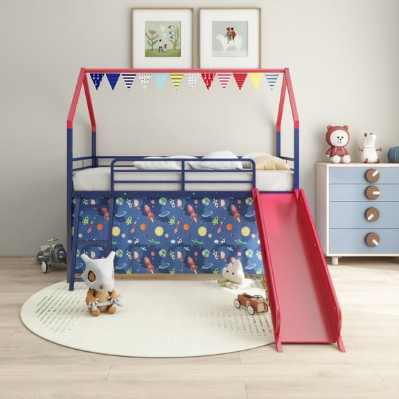 Jack Metal Junior House Twin Loft Bed with Slide and Curtain Set, Super Hero Color Navy Blue and Red