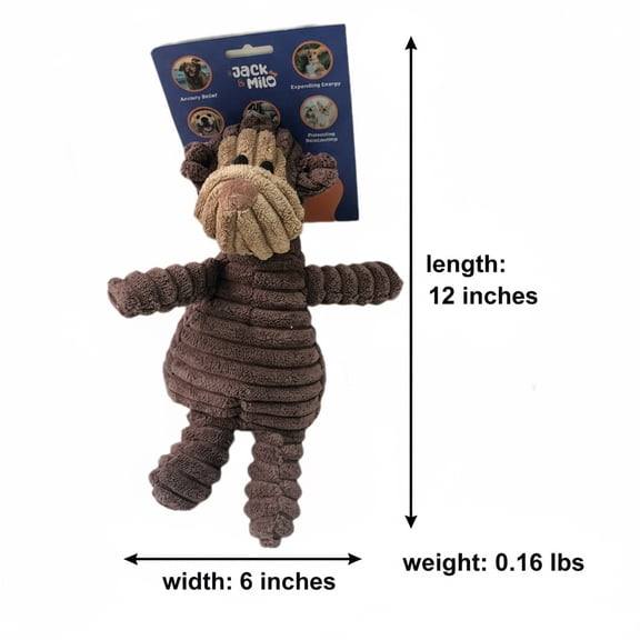 Jack & Milo Plush Dog Toy – Soft Corduroy Squeaky Chew Toy for Dogs, Monkey Design