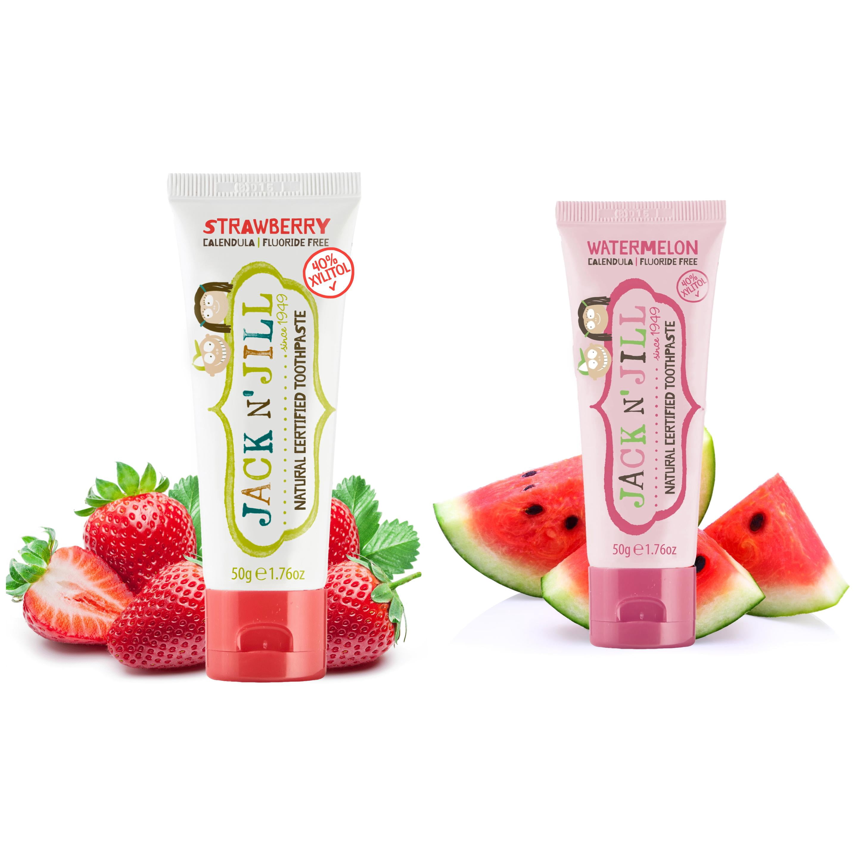 Jack N’ Jill Fluoride-Free Kids & Baby Toothpaste with Xylitol, Strawberry and Watermelon Bundle, Safe if Swallowed When Used as Directed, 1.76