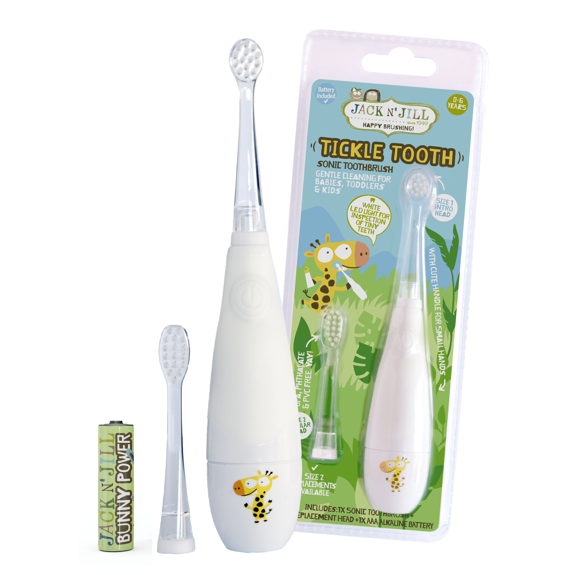 Jack N' Jill Kids Tickle Tooth Kids Electric Toothbrush with Extra Replacement Head - Gentle Cleaning, Extra Soft Bristles - Sonic Electric Toothbrush for Kids & Babies & Replacement Head (1 Pack)