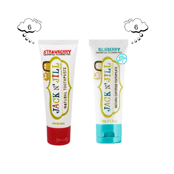 Jack N' Jill Natural Toothpaste for Kids - Fluoride Free Toothpaste, 40% Xylitol, BPA Free - 6 Strawberry & 6 Blueberry, 1.76 oz (12 Pack)