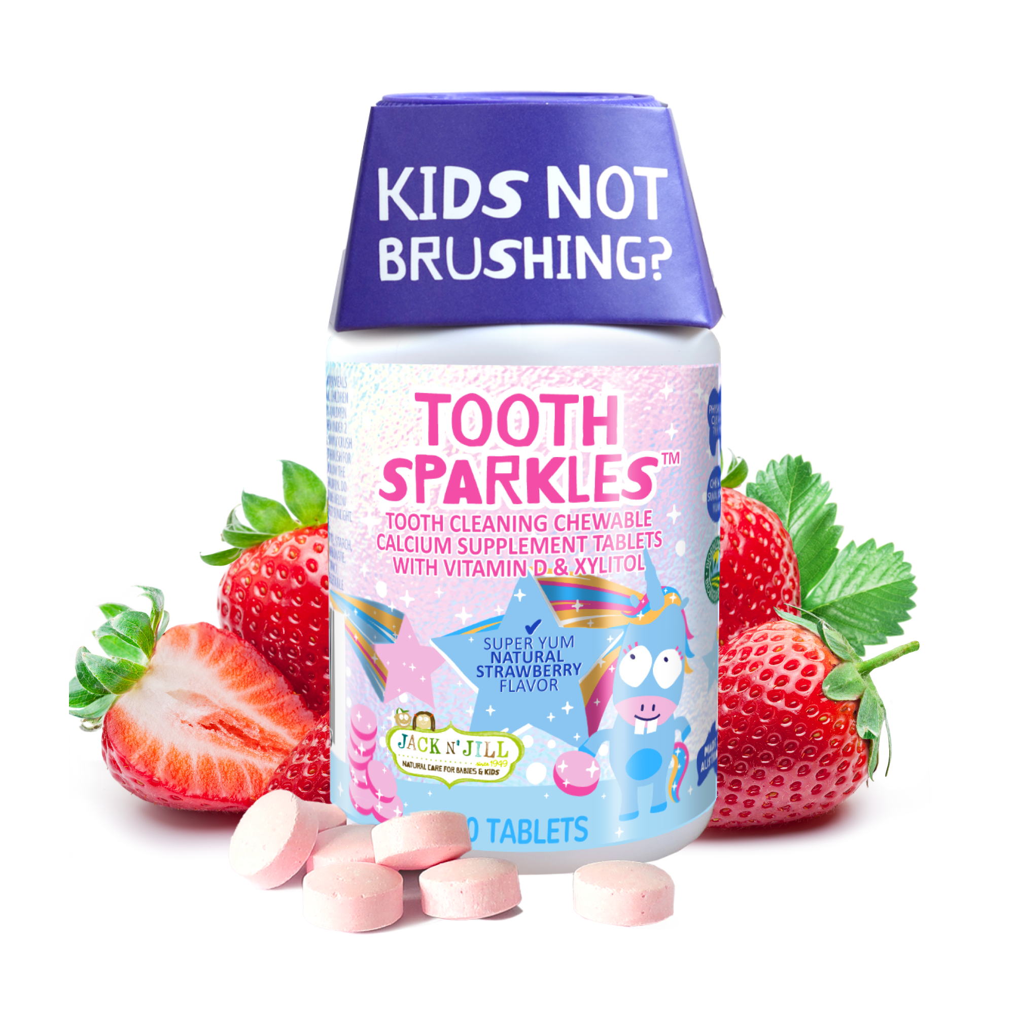 Jack N' Jill Tooth Sparkles - Tooth Cleaning Calcium Chews, Supports Teeth & Bone Development, Natural Flavors, with Xylitol, Vitamin D & Calcium, Sugar-Free - Natural Strawberry, 60 Tablets