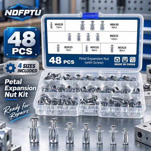 Jack Nuts Kit with Screws M4 M5 M6 M8 Petal Expansion Nuts Assortment for Thin Metal Panels and Hollow Materials with Storage Case