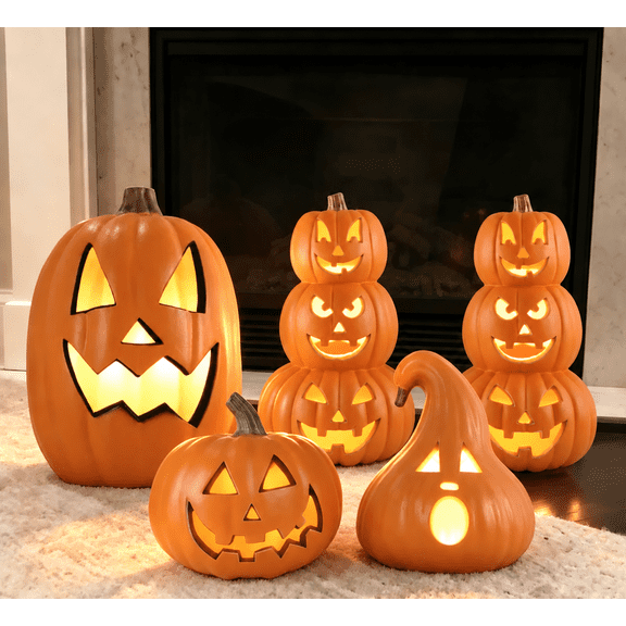 Gamexcel 5-Pack Light Up Jack O Lanterns, Pre-Lit LED Halloween Pumpkin Lanterns for Indoor Outdoor Decor, Orange