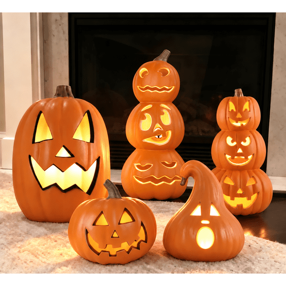 Gamexcel 5-Pack Light Up Jack O Lanterns, Pre-Lit LED Halloween Pumpkin Lanterns for Indoor Outdoor Decor, Orange