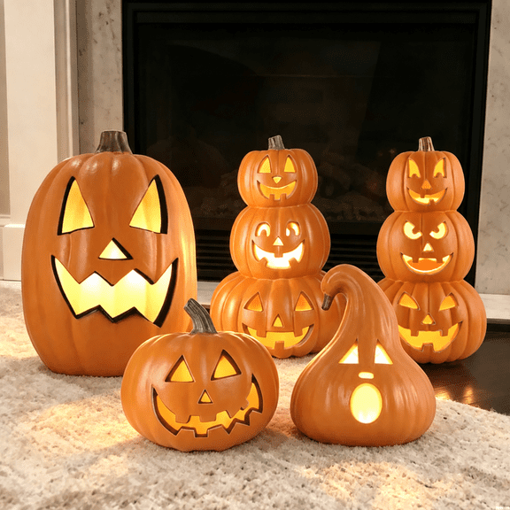 Gamexcel 5-Pack Light Up Jack O Lanterns, Pre-Lit LED Halloween Pumpkin Lanterns for Indoor Outdoor Decor, Orange