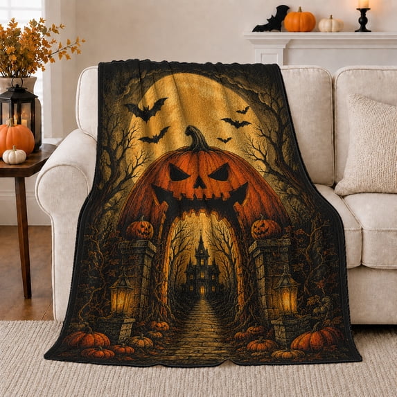 Jack O Lantern Arch with Bats Haunted House and Glowing Moon, Spooky Gothic Halloween Style for Halloween Lovers, Warm Flannel Blanket for Living Room and Playroom, Halloween Gift, Home Decor