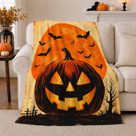 Jack-O'-Lantern with Bats, Bold Vintage Style for Pumpkin Lovers, Orange Night Scene and Halloween Gift, Soft Flannel Blanket for Family Room and Living Room, Spooky Home Decor