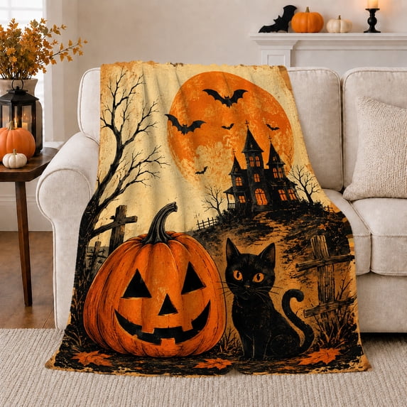 Jack-O'-Lantern with Black Cat, Dramatic Vintage Style for Halloween Lovers, Haunted House Moon Scene and Halloween Gift, Cozy Flannel Blanket for Cabin and Living Room, Gothic Home Decor