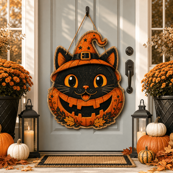 Jack O Lantern Cat Wooden Door Hanger for Halloween Decor