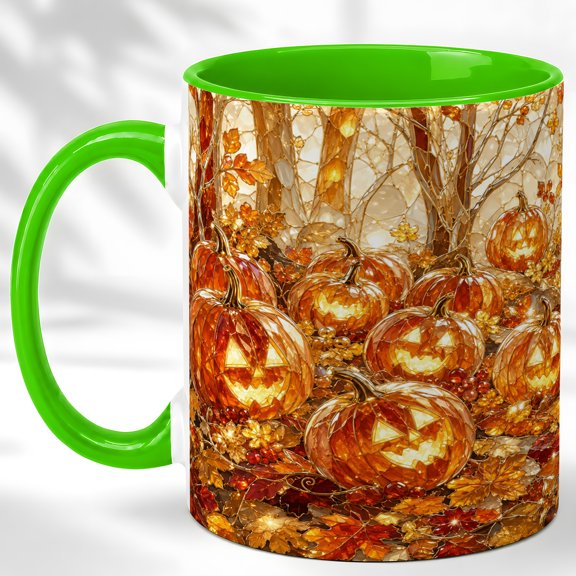 Jack O Lantern Coffee Mug, Autumn Forest Mug, Ceramic 11 oz