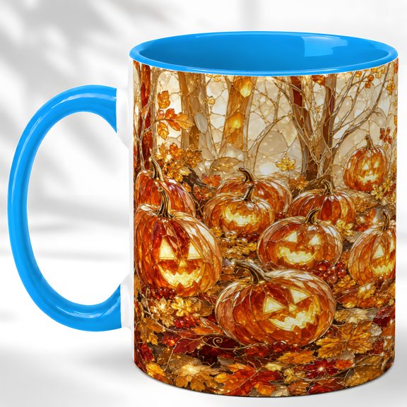 Jack O Lantern Coffee Mug, Autumn Forest Mug, Ceramic 11 oz