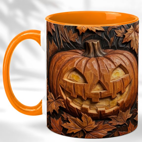 Jack O Lantern Coffee Mug, Autumn Leaves Mug, Ceramic 11 oz